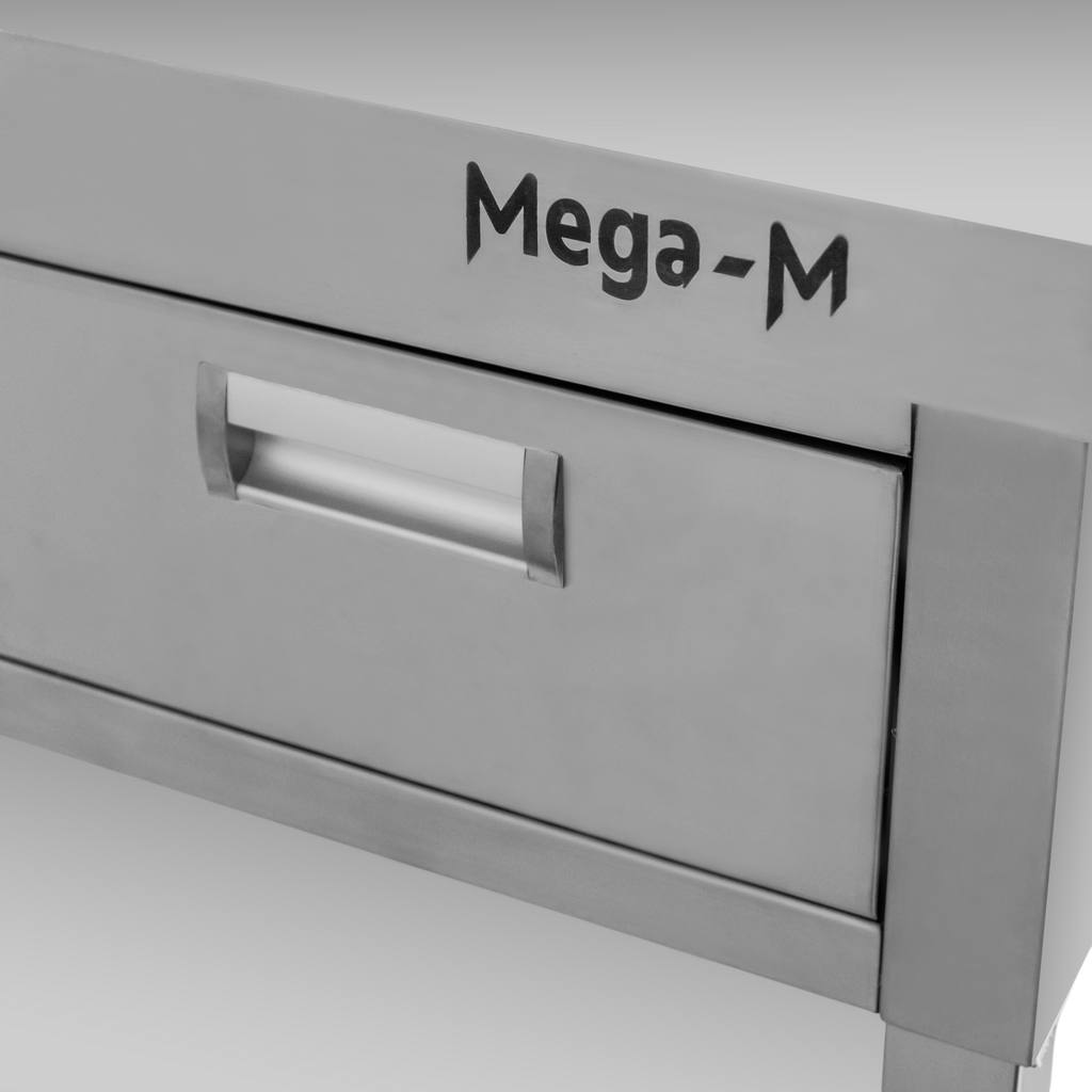 Stół gastronomiczny ze stali nierdzewnej przyścienny z półką i 3 szufladami Mega-M 150x60x85 cm