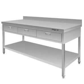 Zdjęcie produktu: Stół gastronomiczny ze stali nierdzewnej przyścienny z półką i 3 szufladami Mega-M 180x60x85 cm