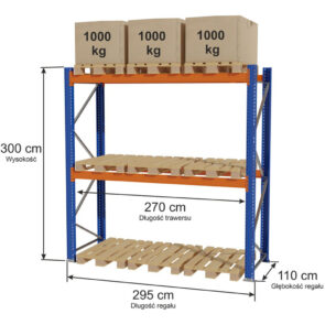 Zdjęcie produktu: Regał magazynowy paletowy STOW 0+2 H- 300 cm L-295 cm moduł bazowy, 3000 kg nośność na parę trawersów