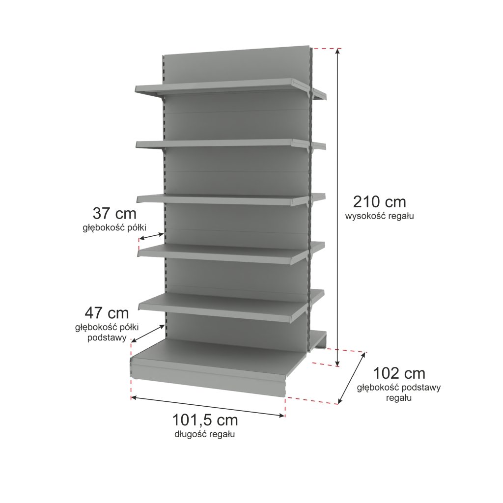 Regał sklepowy MAGO gondola H-210 cm L-101.5 cm moduł dostawny jasny szary-MPP000712 wymiarowanie