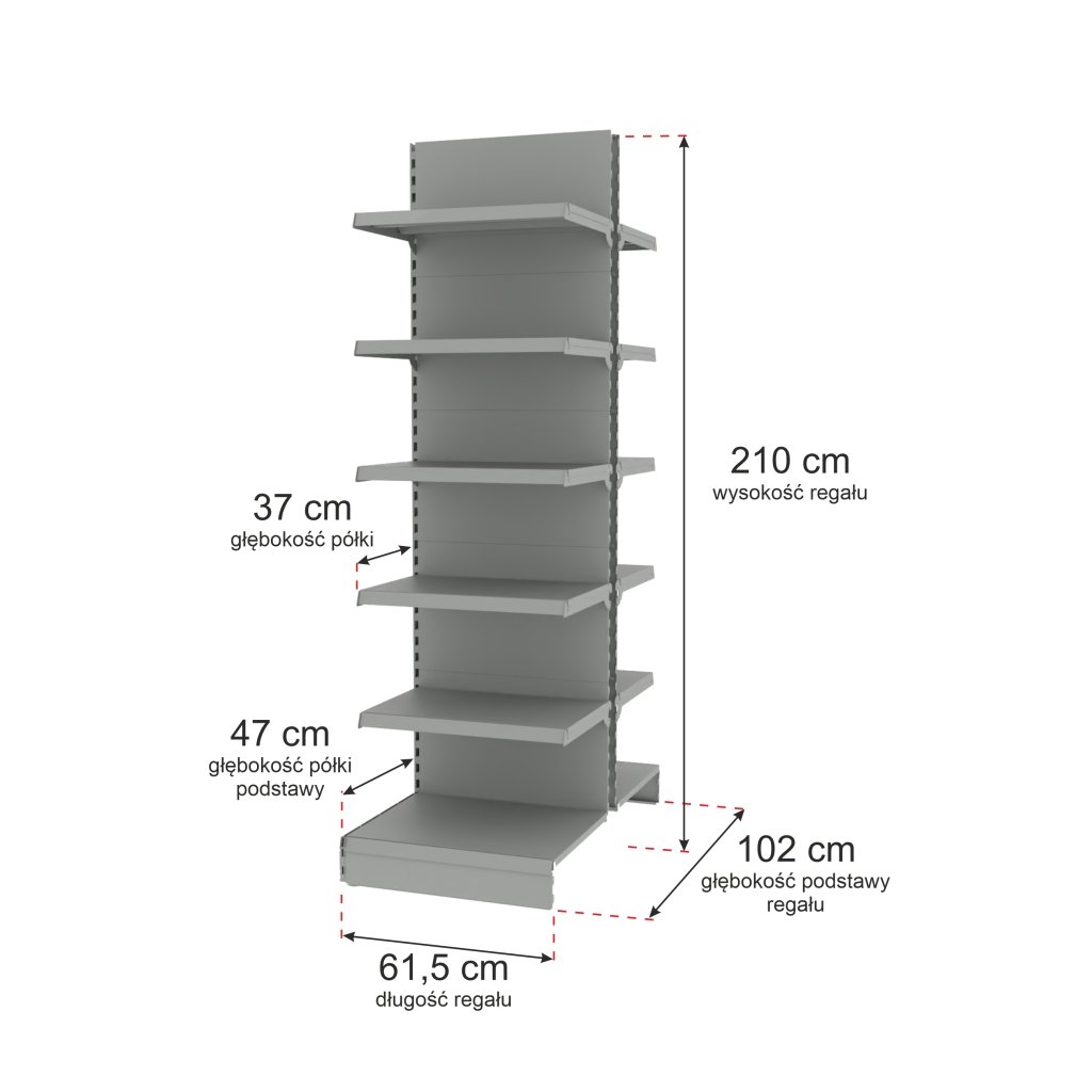 Regał sklepowy MAGO gondola H-210 cm L-61.5 cm moduł dostawny jasny szary-MPP000730 wymiarowanie