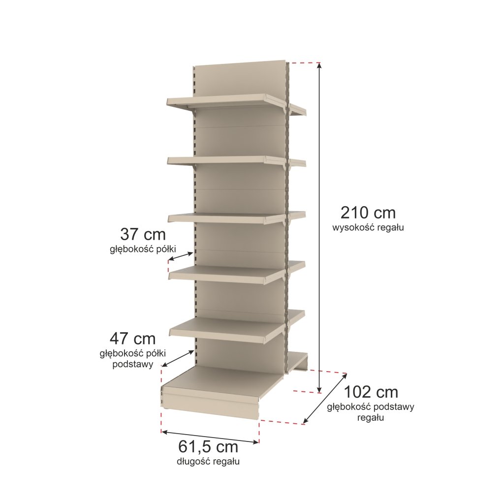 Regał sklepowy MAGO gondola H-210 cm L-61.5 cm moduł dostawny kremowy-MPP000731 wymiarowanie