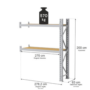 Zdjęcie produktu: Regał magazynowy 2-półkowy MGL MAGO HX H-200 cm L-278.2 cm G-63 cm 570 kg moduł dostawny szary