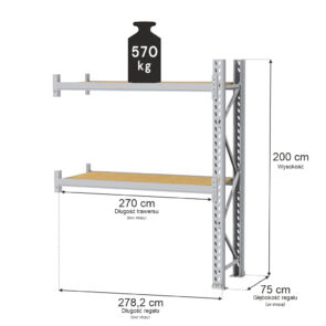 Zdjęcie produktu: Regał magazynowy 2-półkowy MGL MAGO HX H-200 cm L-278.2 cm G-75 cm 570 kg moduł dostawny szary