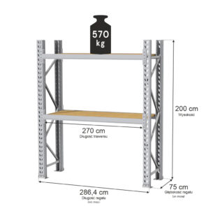 Zdjęcie produktu: Regał magazynowy 2-półkowy MGL MAGO HX H-200 cm L- 286.4 cm G-75 cm 570 kg moduł bazowy szary