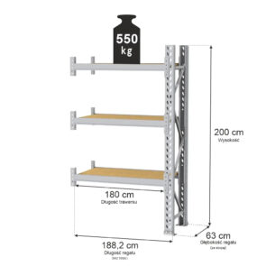 Zdjęcie produktu: Regał magazynowy 3-półkowy MGL MAGO HX H-200 cm L-188.2 cm G-63 cm 550 kg moduł dostawny szary