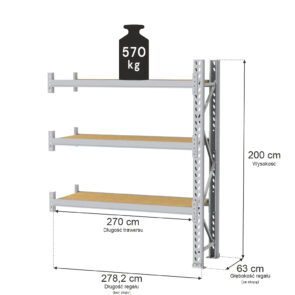 Zdjęcie produktu: Regał magazynowy 3-półkowy MGL MAGO HX H-200 cm L-278.2 cm G-63 cm 570 kg moduł dostawny szary