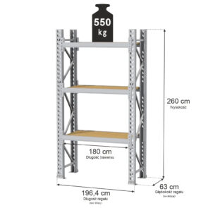 Zdjęcie produktu: Regał magazynowy 3-półkowy MGL MAGO HX H-260 cm L-196.4 cm G-63 cm 550 kg moduł bazowy szary