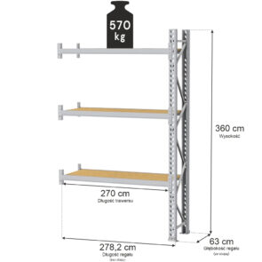 Zdjęcie produktu: Regał magazynowy 3-półkowy MGL MAGO HX H-360 cm L-278,2 cm G-63 cm 570 kg moduł dostawny szary