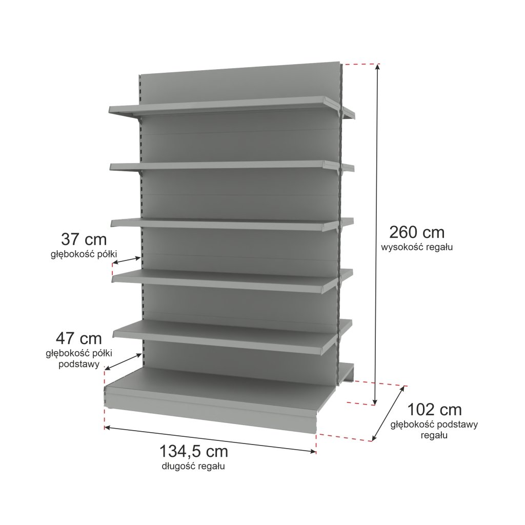Regał sklepowy MAGO gondola H-210 cm L-134.5 cm moduł dostawny jasny szary-MPP000724 wymiarowanie
