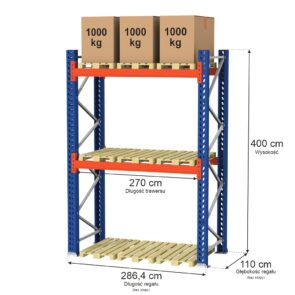 Zdjęcie produktu: Regał magazynowy paletowy MGL MAGO HX 0+2 H-400 cm L-286,4 cm moduł bazowy, 3000 kg nośność na parę trawersów