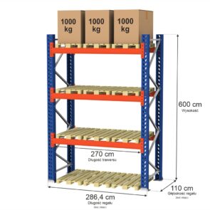 Zdjęcie produktu: Regał magazynowy paletowy MGL MAGO HX 0+3 H-600 cm L-286.4 cm moduł bazowy, 3000 kg nośność na parę trawersów