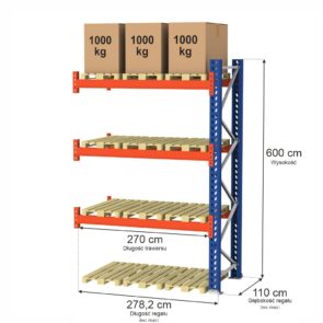 Regał magazynowy paletowy MGL MAGO HX 0+3 H-600 cm L-278,2 cm moduł dostawny, 3000 kg nośność na parę trawersów