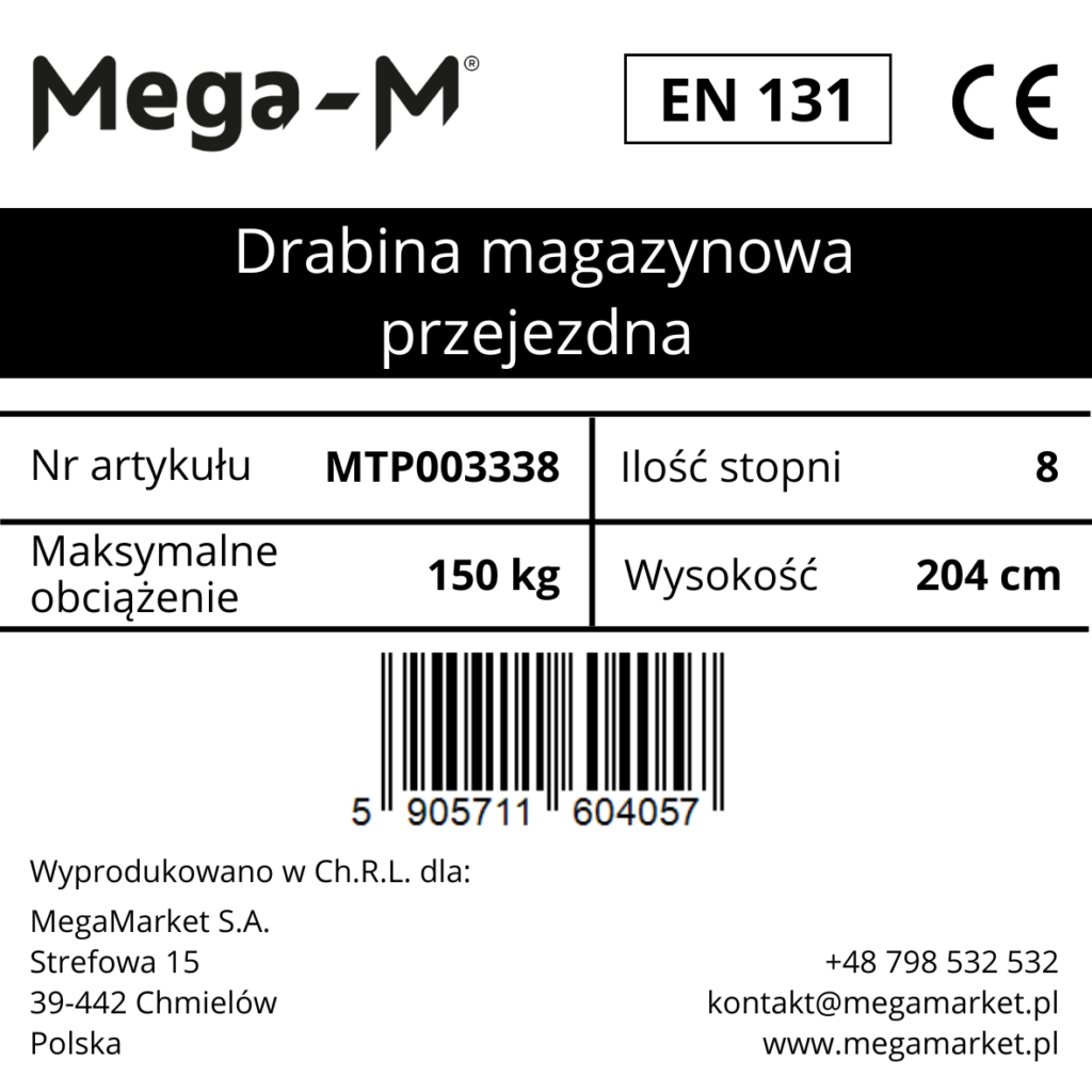 Drabina magazynowa przejezdna pomost magazynowy Mega-M H-204 cm 8 stopni hamulec schodkowy