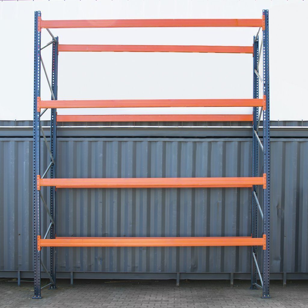 Regał magazynowy paletowy MECALUX 0+4 H-800 cm L-377 cm moduł bazowy, 2648 kg nośność na parę trawersów