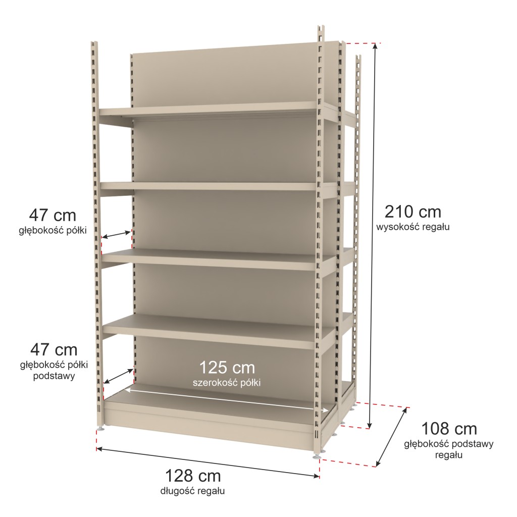 Regał sklepowy wzmocniony gondola Mago H-210 cm L-128 cm G-47 cm moduł bazowy kremowy MPP000778