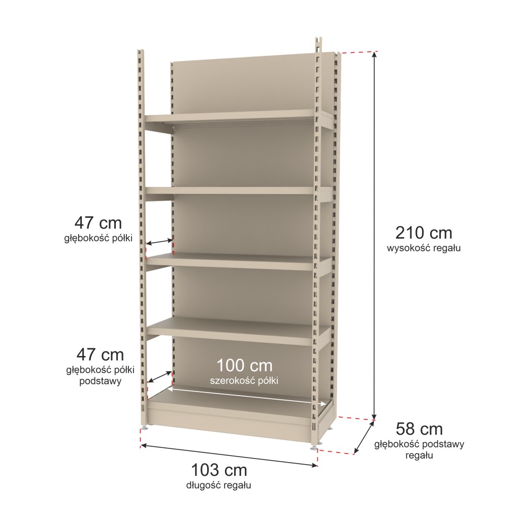 Regał sklepowy wzmocniony przyścienny MAGO H-210 cm L-103 cm G-58 cm moduł bazowy kremowy