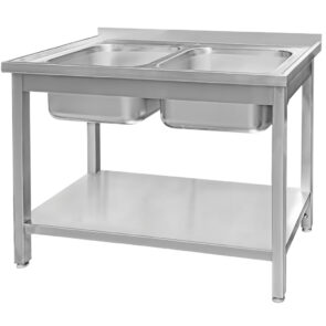 Zdjęcie produktu: Zlew gastronomiczny spawany dwukomorowy z półką Mega-M 140x70x85 cm stal nierdzewna