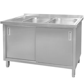 Zdjęcie produktu: Zlew gastronomiczny spawany dwukomorowy z szafką Mega-M 140x70x85 cm stal nierdzewna