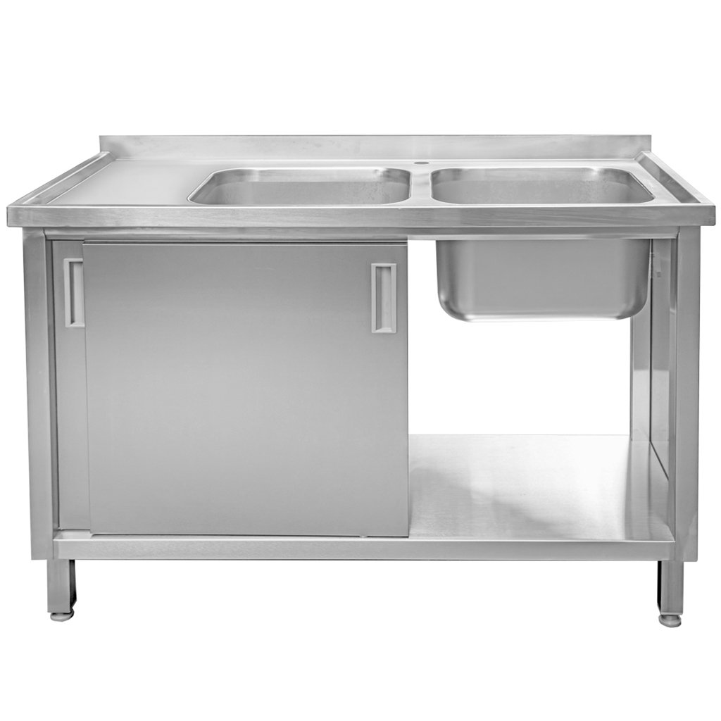 Zlew gastronomiczny dwukomorowy z ociekaczem i szafką spawany Mega-M 140x70x85 cm stal nierdzewna