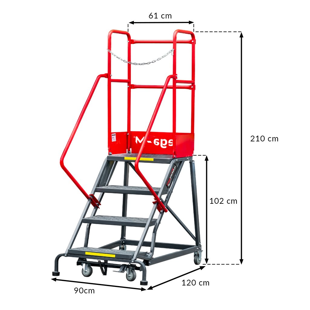 Drabina magazynowa przejezdna pomost magazynowy Mega-M H-102 cm 4 stopnie hamulec schodkowy