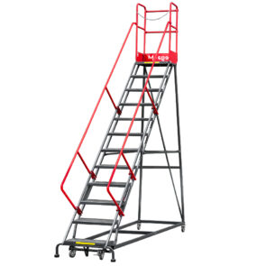 Zdjęcie produktu: Drabina magazynowa przejezdna pomost magazynowy Mega-M H-306 cm 12 stopni hamulec schodkowy
