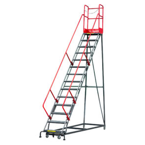 Zdjęcie produktu: Drabina magazynowa przejezdna pomost magazynowy Mega-M H 357 cm 14 stopni