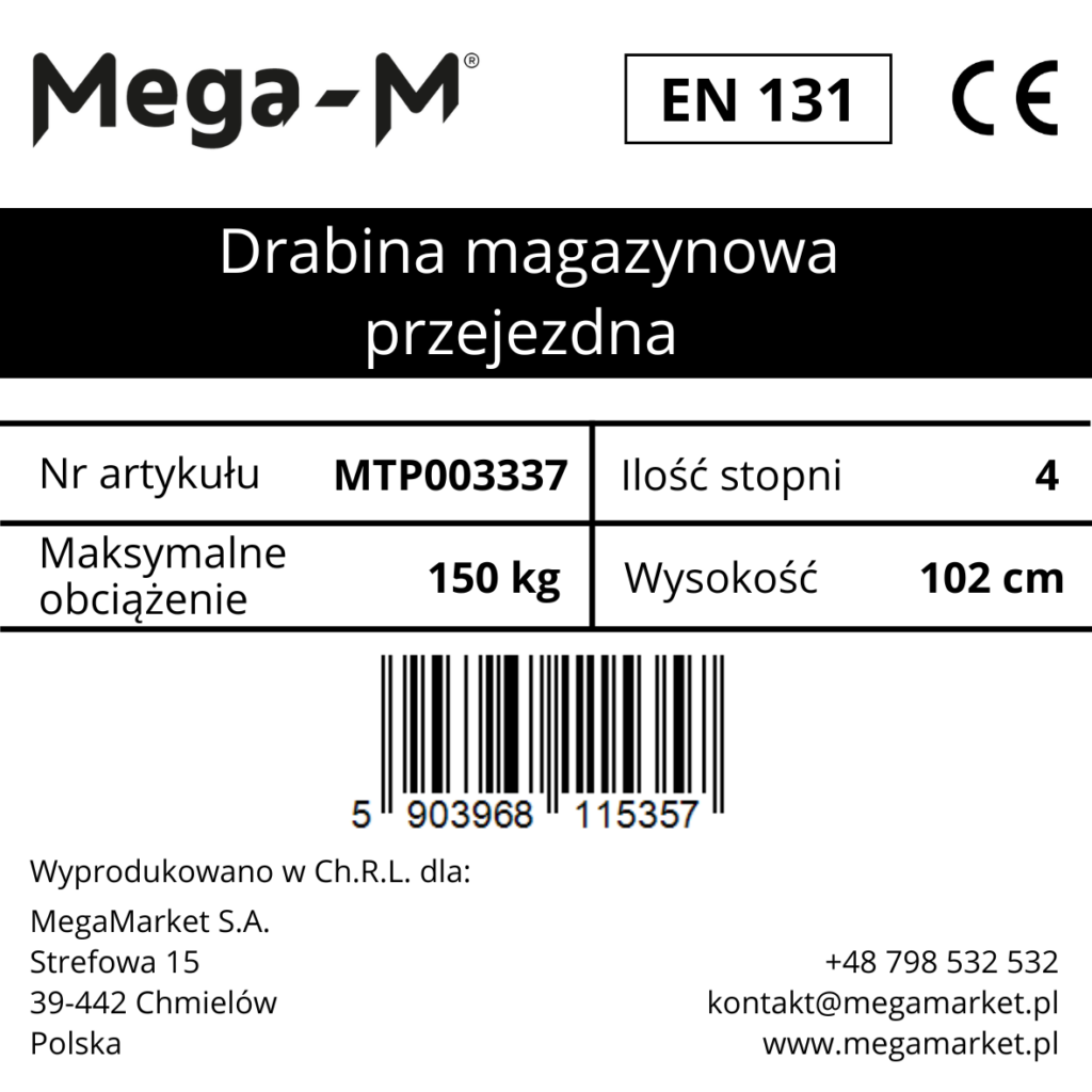 Drabina magazynowa przejezdna pomost magazynowy Mega-M H-102 cm 4 stopnie hamulec schodkowy