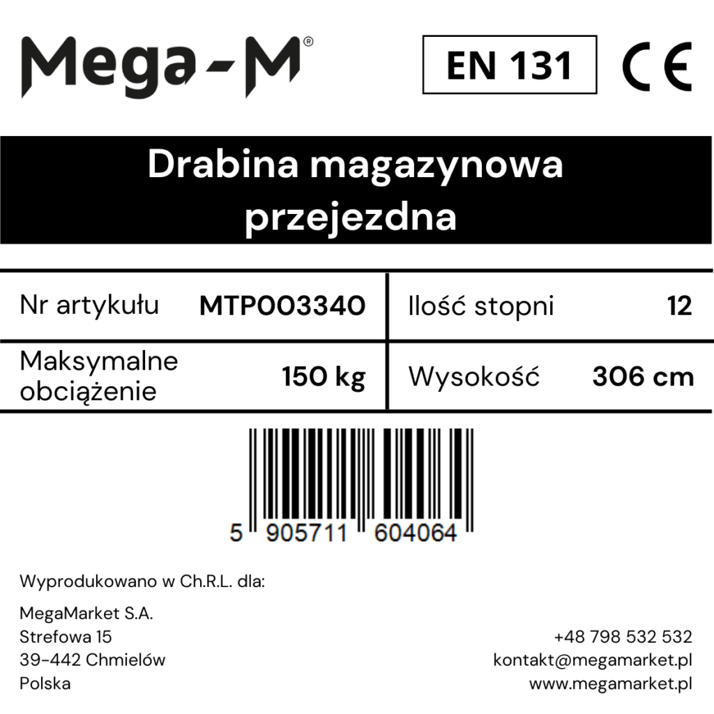 Drabina magazynowa przejezdna pomost magazynowy Mega-M H-306 cm 12 stopni hamulec schodkowy