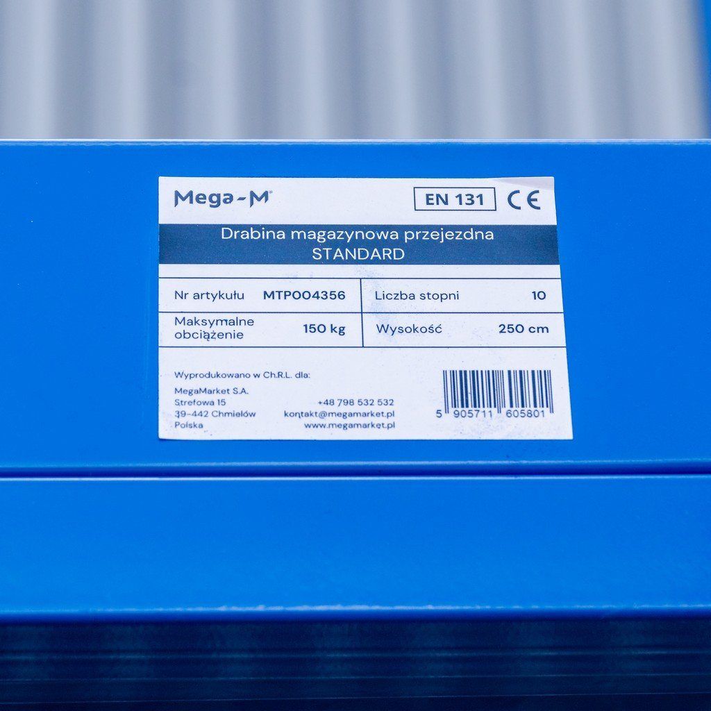 Drabina magazynowa przejezdna pomost magazynowy Mega-M STANDARD H-250 cm 10 stopni mtp004356