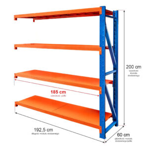 Zdjęcie produktu: Regał metalowy magazynowy 4-półkowy Mega-M FORTIS LIGHT H-200 cm L-192.5 cm G-60 cm moduł dostawny