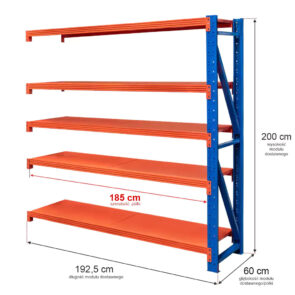 Zdjęcie produktu: Regał metalowy magazynowy 5-półkowy Mega-M FORTIS LIGHT H-200 cm L-192.5 cm G-60 cm moduł dostawny