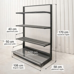 Zdjęcie produktu: Regał sklepowy WIRELAND Solid York przyścienny H-170 cm L-106 cm 3 półki tył poliwęglan moduł bazowy