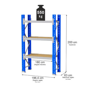 Zdjęcie produktu: Regał magazynowy 3-półkowy MGL MAGO HX H-200 cm L-196.4 cm G-63 cm 550 kg moduł bazowy niebiesko-szary