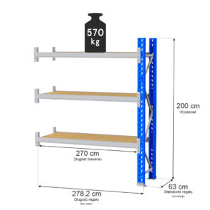 Zdjęcie produktu: Regał magazynowy 3-półkowy MGL MAGO HX H-200 cm L-278.2 cm G-63 cm 570 kg moduł dostawny niebiesko-szary