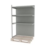 Zdjęcie produktu: Regał sklepowy wzmocniony przyścienny do palety MAGO H-210 cm L-126,5 cm G-68 cm moduł dostawny jasny szary