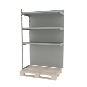 Zdjęcie produktu: Regał sklepowy wzmocniony przyścienny do palety MAGO H-210 cm L-126,5 cm G-68 cm moduł dostawny jasny szary