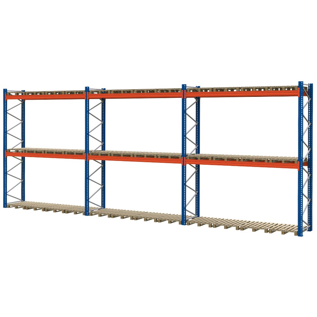 Regał magazynowy paletowy MECALUX H-450 cm L-1120 cm, 2650 kg nośność na parę trawersów MPP001100