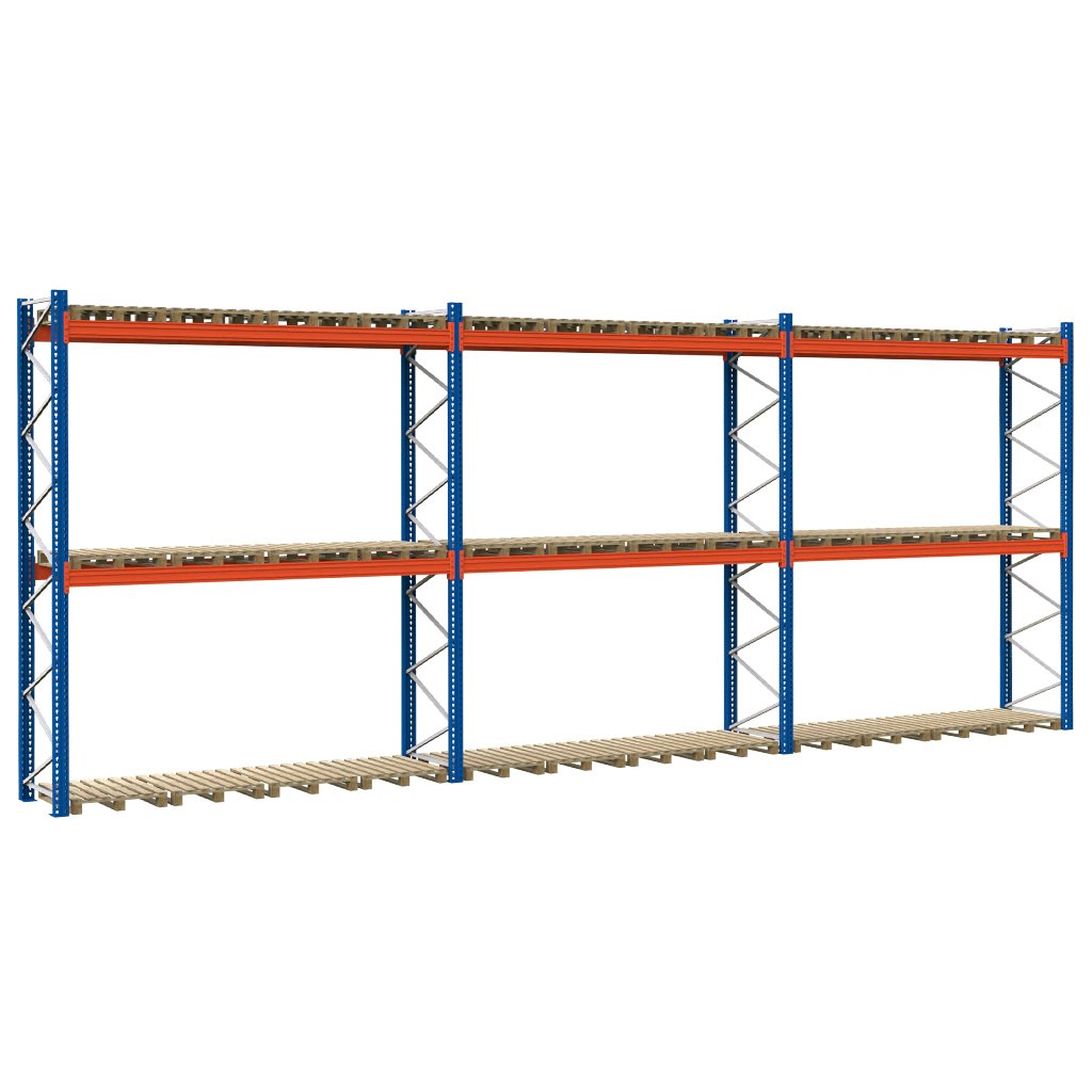 Regał magazynowy paletowy MECALUX H-450 cm L-1120 cm, 2650 kg nośność na parę trawersów MPP001100