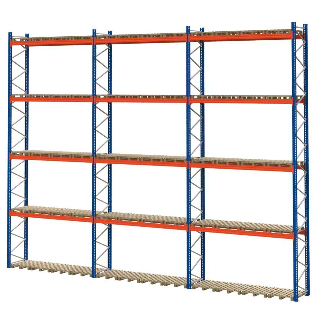 Regał magazynowy paletowy MECALUX H-850 cm L-1120 cm, 3350 kg nośność na parę trawersów MPP001101
