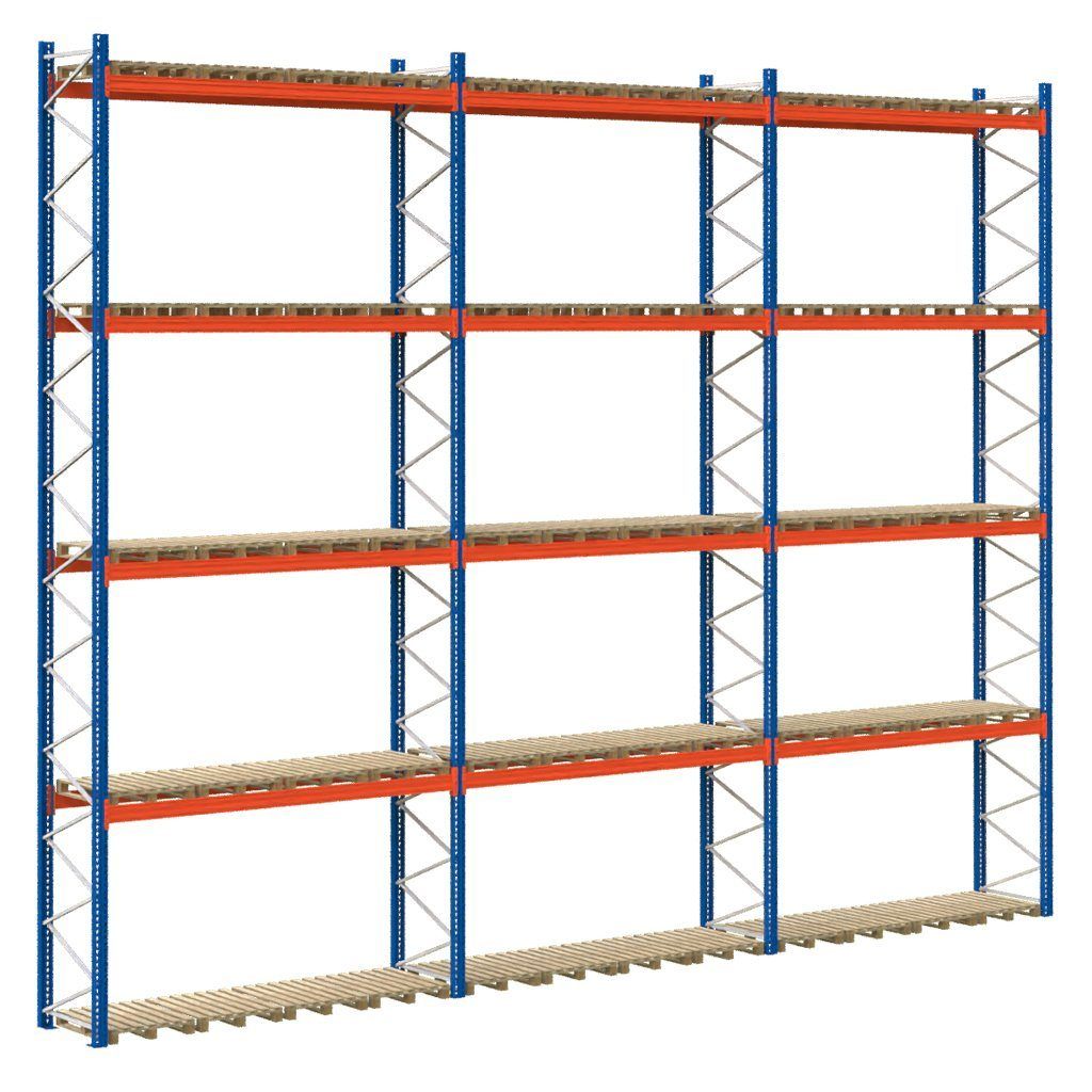 Regał magazynowy paletowy MECALUX H-850 cm L-1120 cm, 3350 kg nośność na parę trawersów MPP001101