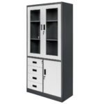 Zdjęcie produktu: Szafa biurowa metalowa na akta Mega-M WENUS przeszklone drzwi 4 szuflady S- 90 cm G- 40 cm H-185 cm grafitowa szary front
