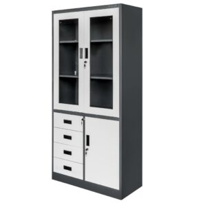 Zdjęcie produktu: Szafa biurowa metalowa na akta Mega-M WENUS przeszklone drzwi 4 szuflady S- 90 cm G- 40 cm H-185 cm grafitowa szary front