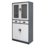 Zdjęcie produktu: Szafa biurowa metalowa na dokumenty Mega-M WENUS przeszklone drzwi 2 szuflady S-90 cm G-40 cm H-185 cm grafitowa szary front