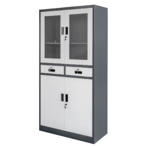Zdjęcie produktu: Szafa biurowa metalowa na dokumenty Mega-M WENUS przeszklone drzwi 2 szuflady S-90 cm G-40 cm H-185 cm grafitowa szary front