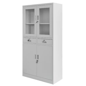 Zdjęcie produktu: Szafa biurowa metalowa na dokumenty Mega-M WENUS przeszklone drzwi 2 szuflady S-90 cm G-40 cm H-185 cm szara