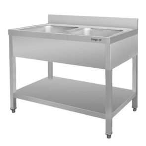 Zdjęcie produktu: Zlew gastronomiczny dwukomorowy z maskownicą i półką Mega-M 100x70x85 cm stal nierdzewna