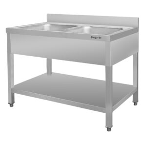 Zdjęcie produktu: Zlew gastronomiczny dwukomorowy z maskownicą i półką Mega-M 120x60x85 cm stal nierdzewna