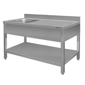 Zdjęcie produktu: Zlew gastronomiczny z komorą po lewej stronie z maskownicą i półką Mega-M 160x60x85 cm stal nierdzewna