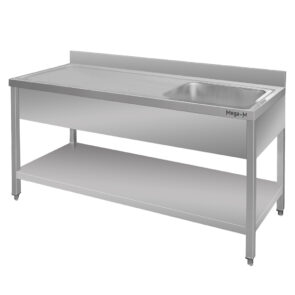 Zdjęcie produktu: Zlew gastronomiczny z komorą po prawej stronie z maskownicą i półką Mega-M 160x70x85 cm stal nierdzewna